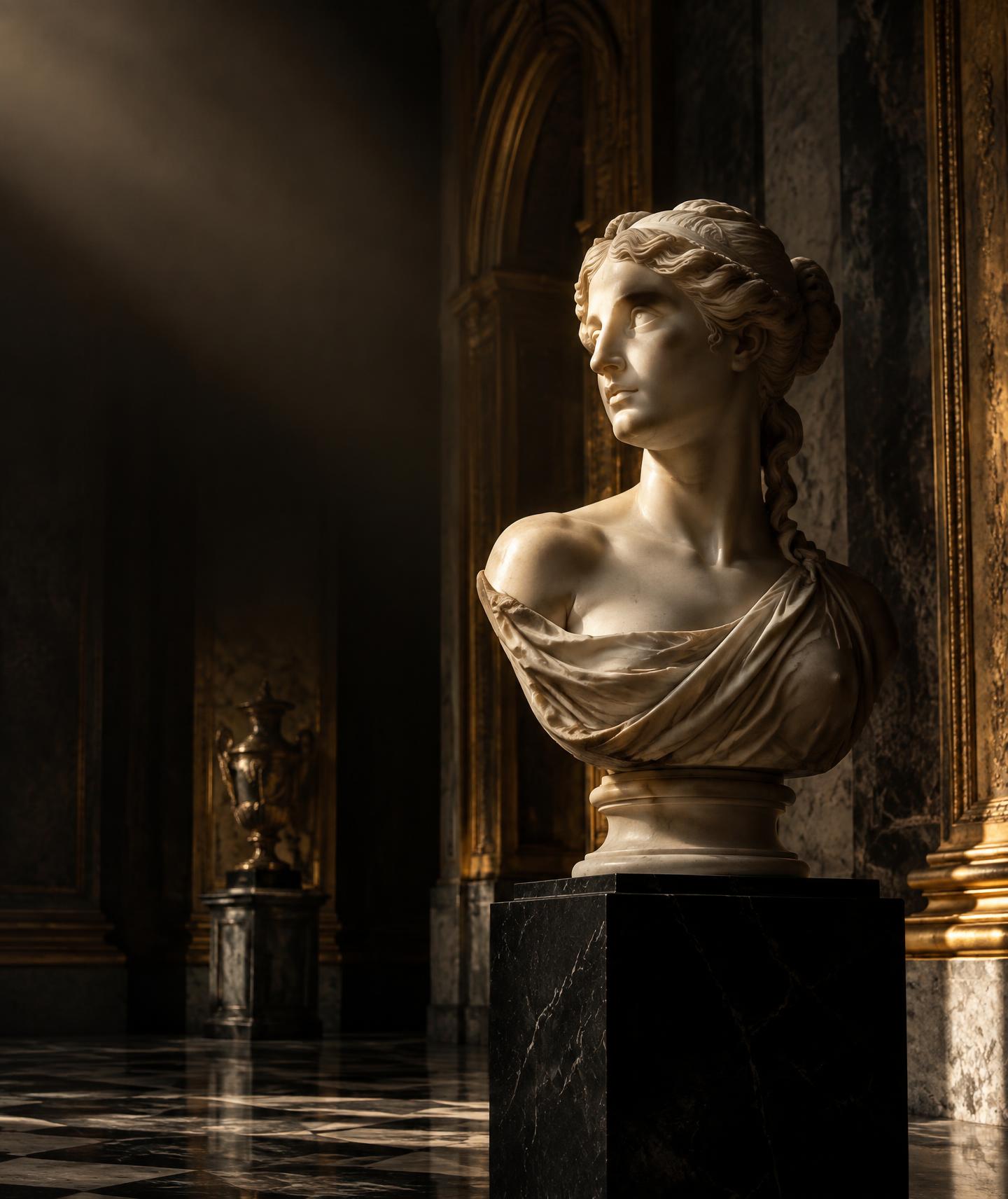 Classical marble bust in a shadowed palazzo gallery