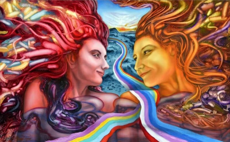 The rainbow road painting with two woman